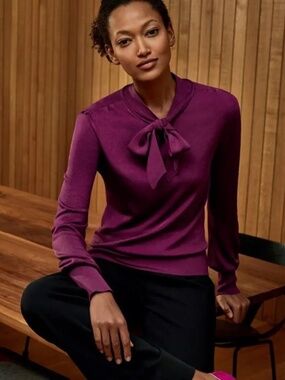 The Fold London Emilion Long Sleeve Tie Neck Knit Jumper in Magenta